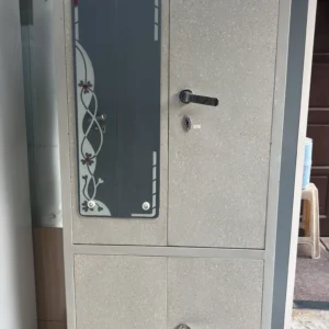 2-Door Steel Almirah Wardrobe with Decorative Glass Panel & Lower Storage