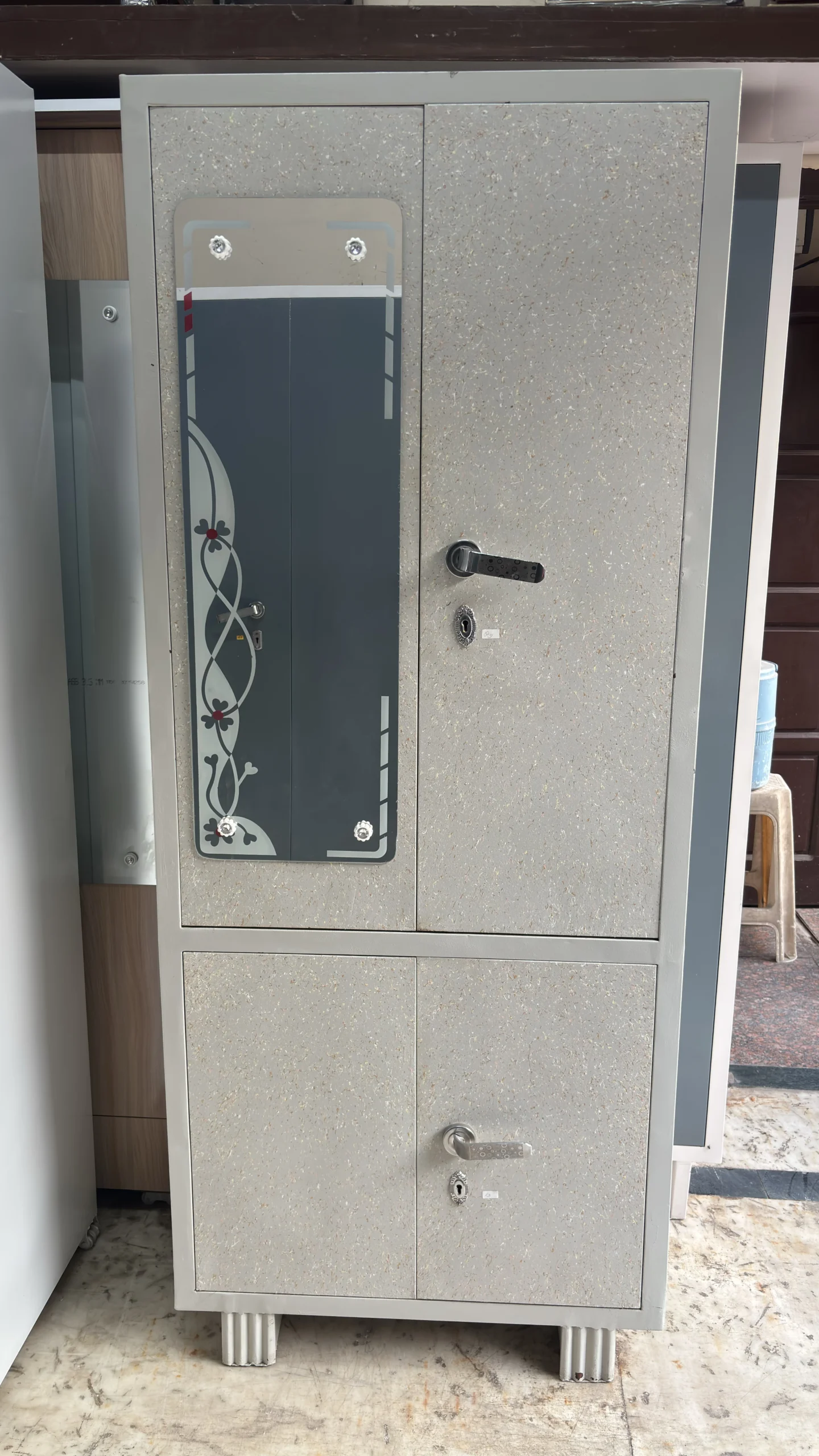 2-Door Steel Almirah Wardrobe with Decorative Glass Panel & Lower Storage