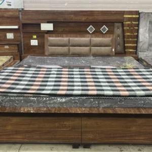 Premium Dark Wood Storage Bed with Upholstered Headboard & Built-in Shelving