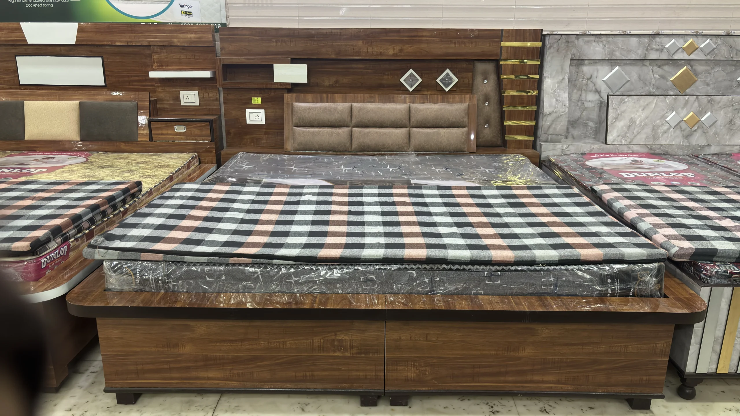 Premium Dark Wood Storage Bed with Upholstered Headboard & Built-in Shelving
