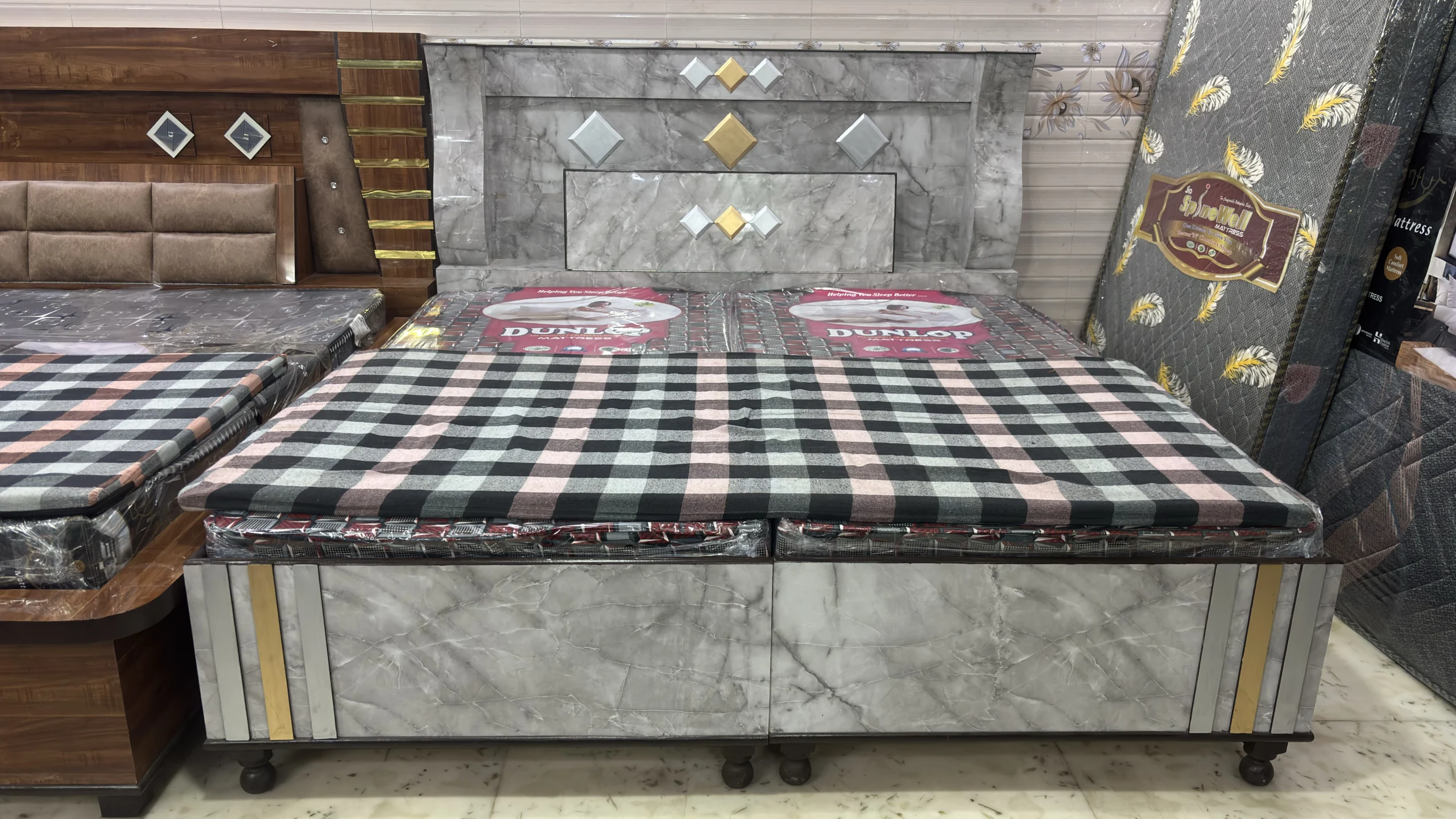 Modern Marble Finish Double Bed with Storage